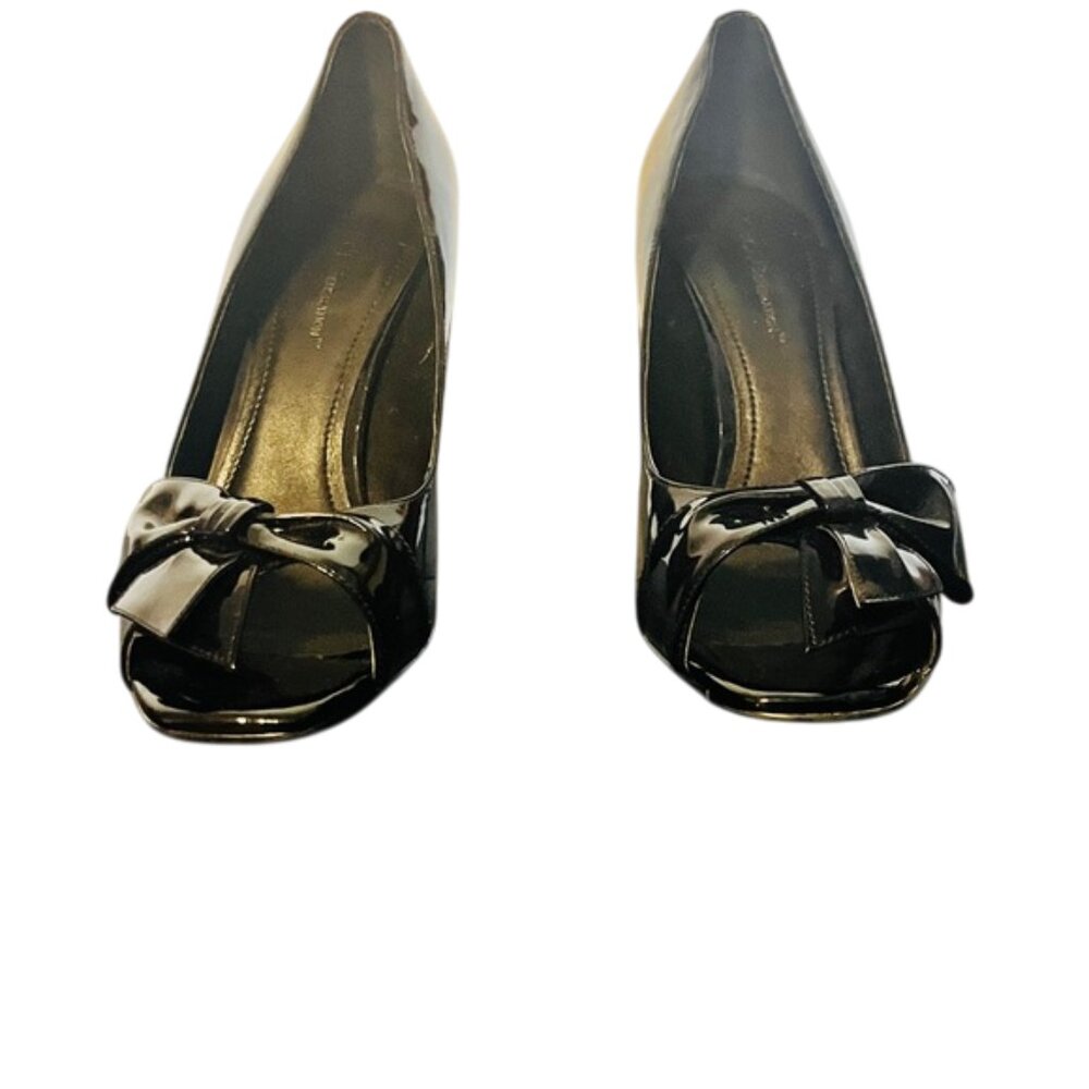 Black Patent Leather Stiletto Heels with Bow Detail